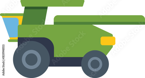 Green combine harvester working in field, agriculture machine, farming vehicle side view