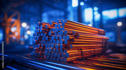 Metal rods stacked neatly in storage area of industrial warehouse during daytime