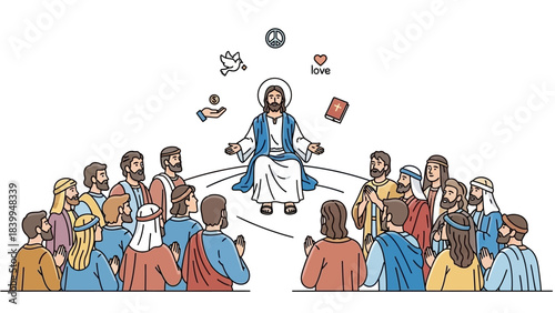 Jesus Christ teaching his disciples, surrounded by symbols of peace, love, and charity in a line art illustration.