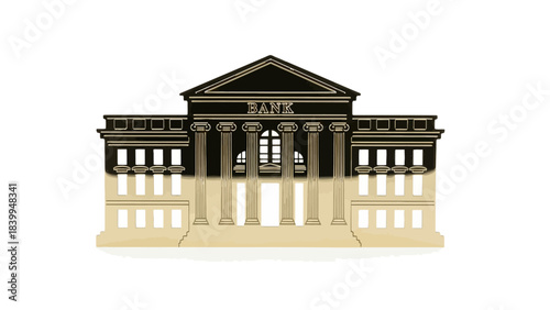 A detailed illustration of a classical bank building with columns and a pediment, featuring the word "BANK" on its facade.