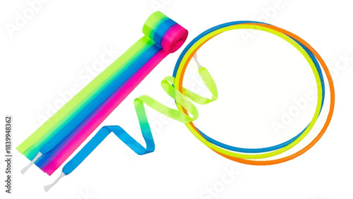 Three colorful rhythmic gymnastics ribbons and hoops on a white background.