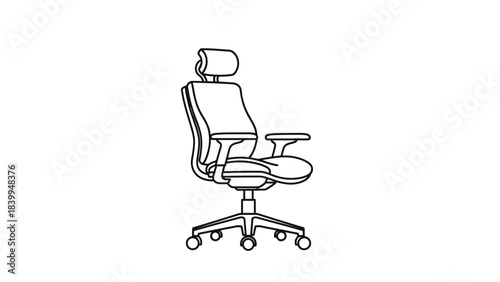 Line drawing of an ergonomic office chair with headrest, armrests, and wheels on a white background.
