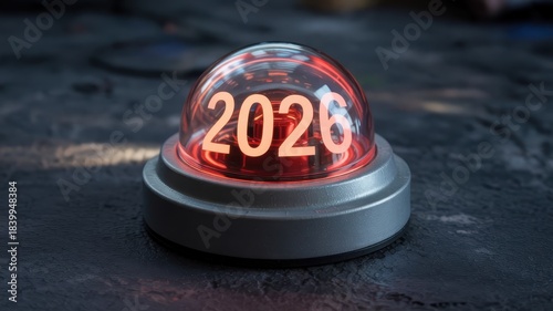 Illumination of the forthcoming year two thousand twenty six displayed on a glowing alarm indicator