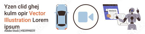 Artificial intelligence, automation, digital billing, robotics, video streaming, online technology. Top-down car, video icon invoice robot. Artificial intelligence and automation