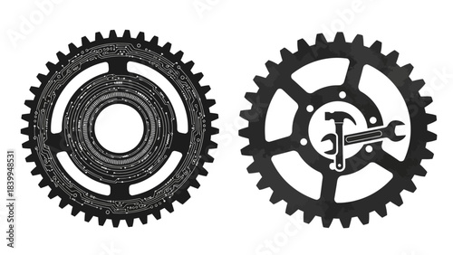 Two black gears with intricate designs, one featuring a circuit-like pattern and the other with a hammer and wrench, on a white background.