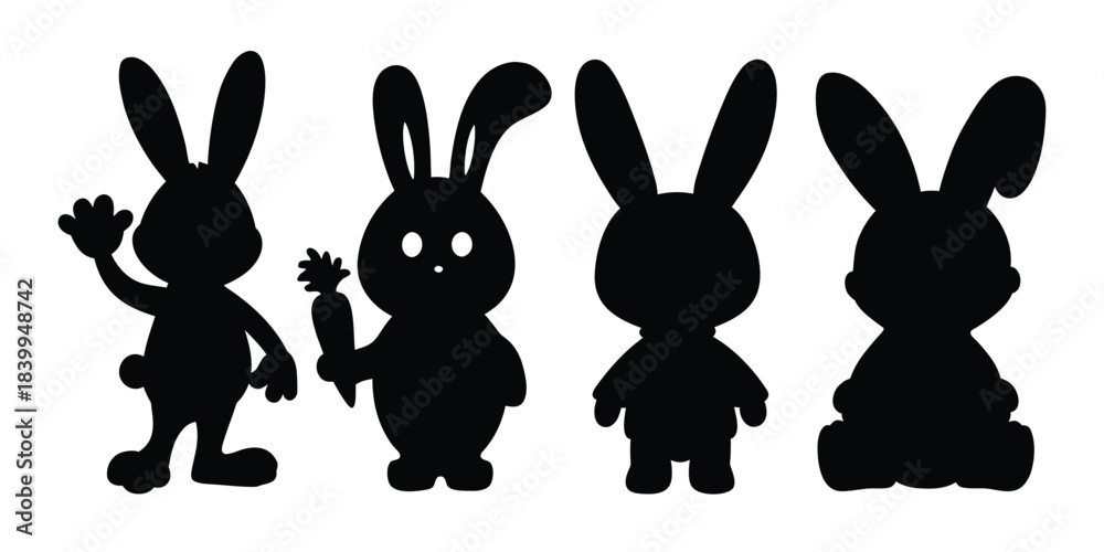 Fototapeta premium Cute Bunny Rabbit Hare Cartoon Silhouettes Set