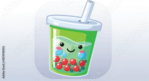 Cute green boba tea with a smiling face and colorful pearls.