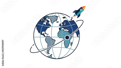 Global Innovation and Space Exploration Concept – Rocket Launching Around Earth Symbolizing Worldwide Technology Growth, Future Development, Science Advancement, and International Connectivity