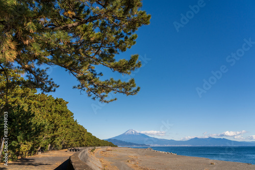 朝の三保海岸から三保の松原と富士山