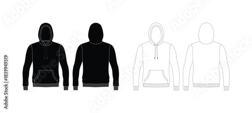 Hoodie CAD mock up lines in front and back view, mock up isolated.Hoodie technical fashion illustration. hoodie vector template illustration.