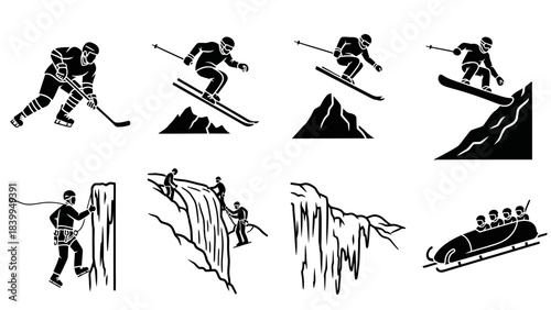 Collection of black and white vector icons depicting various winter sports and outdoor adventure activities like skiing, snowboarding, ice hockey, climbing, and bobsledding.