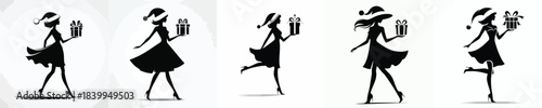 vector silhouette of a woman walking carrying a Christmas gift