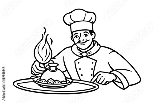 Chef Drawing Big Meal Line Art Vector Image vector line art on white background