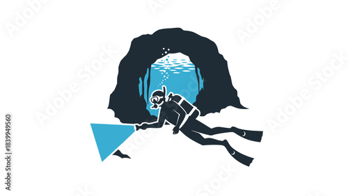 A scuba diver exploring a dark underwater cave with a flashlight, revealing a mysterious triangular object in the deep sea.