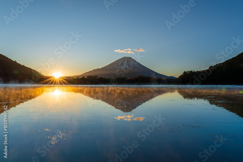 精進湖 湖畔から湖面に映る富士山と朝日