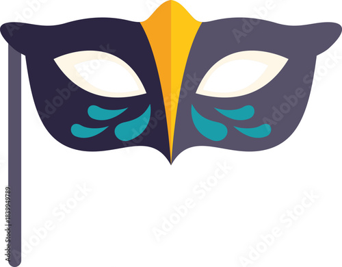 Colorful, festive mask with a stick is perfect for celebrating mardi gras, carnival, or any costume party