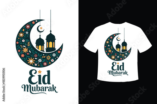 Festive eid mubarak crescent moon design with lanterns and floral elements on a t shirt mockup
