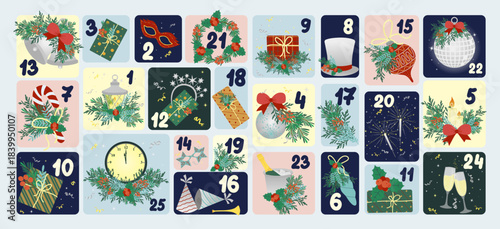 Advent calendar vector illustration showcasing creative holiday-themed elements in a 25-day design. Features ornaments, gifts, and festive decorations for a joyful countdown.