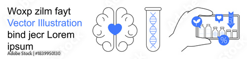 Healthcare, genetics, online shopping, digital technology, medical research, innovation. Brain with heart, DNA in test tube and smartphone with shopping icons. Healthcare and genetics concepts