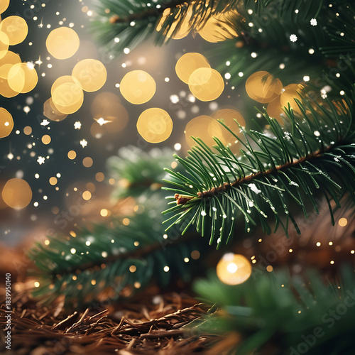 Evergreen Pine Branch with Snowflakes and Twinkling Golden Lights Keywords: Christmas, holiday