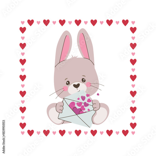 Adorable bunny with rosy cheeks holding an open envelope filled with pink hearts. Surrounded by a heart frame, this vector illustration conveys warmth and affection, perfect for Valentine s themes.
