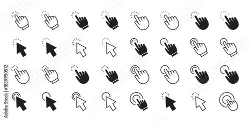 Click line black icon set. Hand, cursor arrow sign. Clicking symbol. Touch screen, tap, select, activation concept. Element for social media, website, network. Editable stroke. Vector illustration.