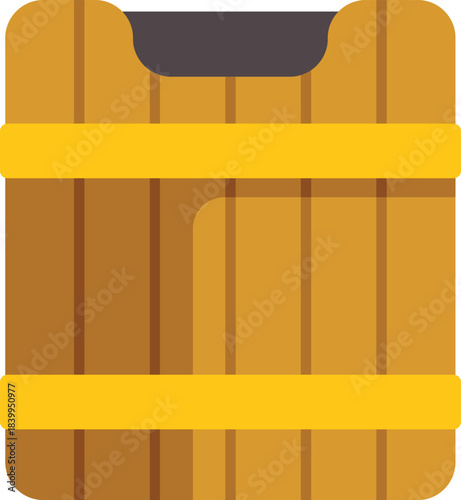 This wooden bucket with metal hoops is perfect for holding water for farm animals