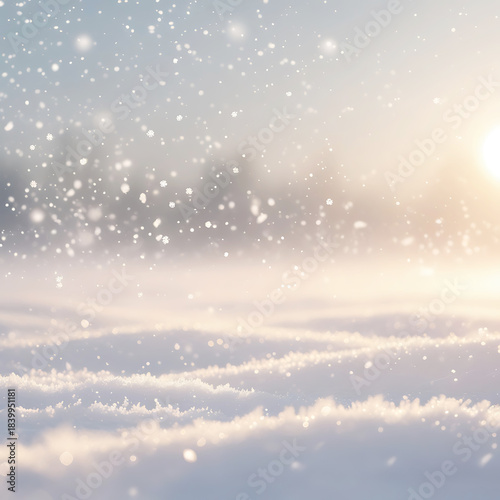 Falling snow in a soft focus winter landscape with warm light image photo