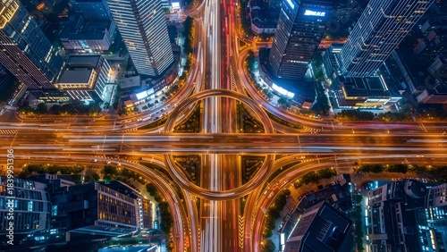 Aerial view of a busy city highway interchange at night with light trails