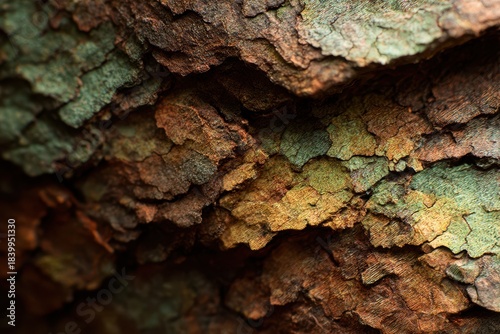 “Close-up macro of colorful textured tree bark with layered organic surfaces and warm earthy tones”