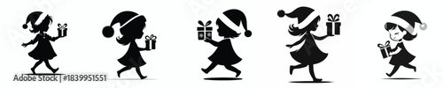 vector silhouette of a little girl walking carrying a Christmas gift