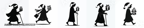 vector silhouette of a grandmother walking carrying a Christmas gift