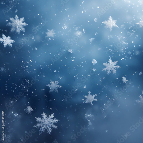 Falling Snowflakes and Ice Particles in a Soft Blue Winter Sky Keywords: snowflakes, snow, ice