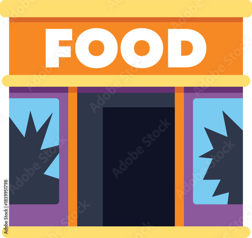 Illustration of a deserted food store with shattered windows, symbolizing economic hardship and urban decay