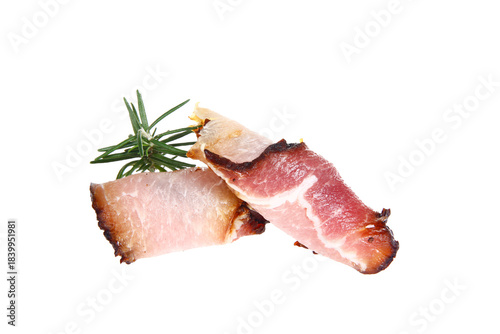 Smoked bacon slices, isolated on white background