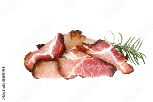 Smoked bacon slices, isolated on white background