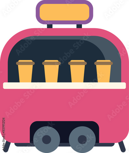 Pink food truck selling coffee or tea in disposable cups with blank sign for adding your own text