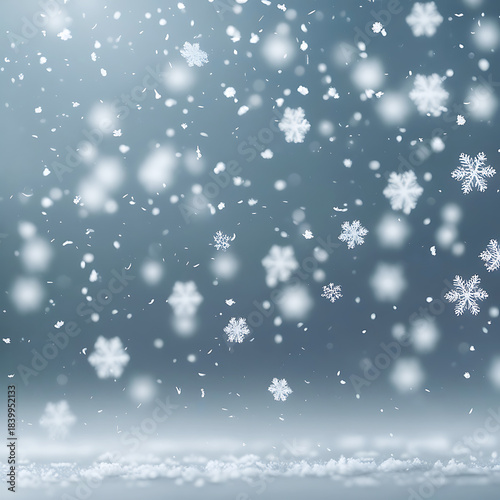 Falling snowflakes of various sizes against a soft blue gradient background with snow on the ground