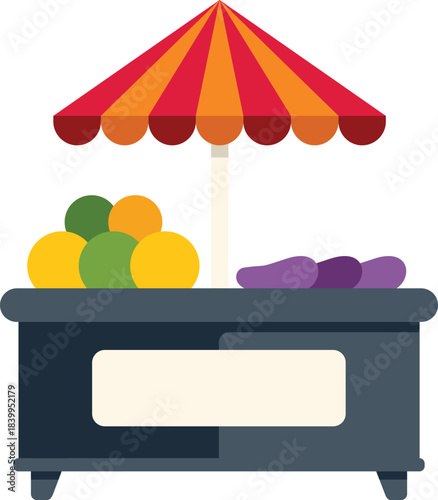 Colorful illustration of a street food stall selling fresh produce under a striped umbrella