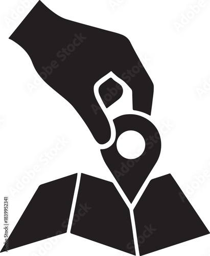 Hand placing a job position marker on a map, formed as a rare minimal outline symbol icon.