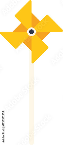 Minimalist vector illustration of a yellow pinwheel spinning on a white background, representing childhood, fun, and carefree moments