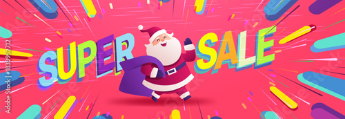 Santa Christmas super sale festive celebration dynamic background with cheerful Santa Claus running colorful abstract shapes pink backdrop banner