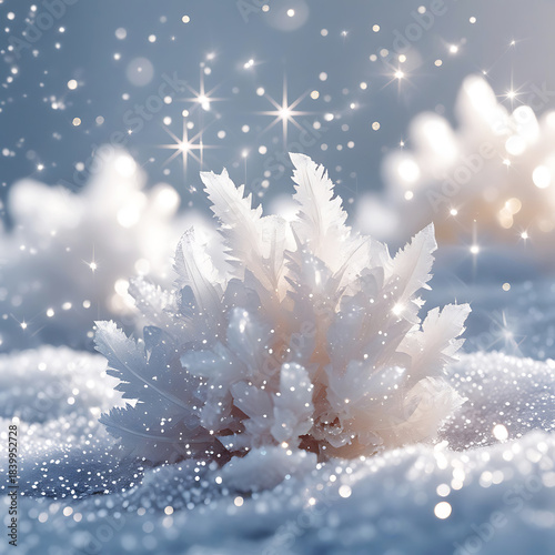Feather-like Frost Crystals in Snow with Sparkling Lights winter macro