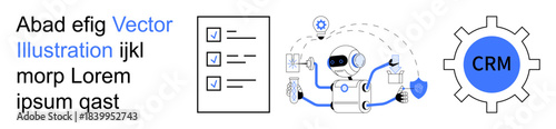 Workflow automation, task management, business tools, CRM systems, robotics, digital optimization. A checklist, robot handling documents and a CRM gear symbol. Workflow automation and CRM systems