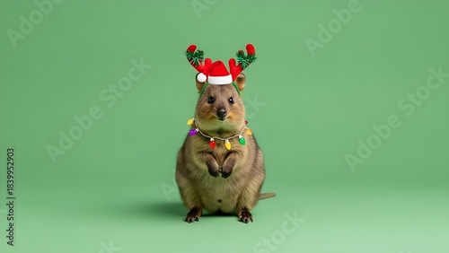 Quokka Christmas on Green, isolated green, Christmas hat
