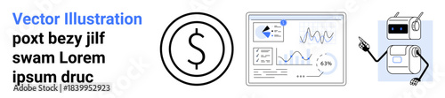 Financial technology, data analysis, automation, artificial intelligence, investment strategies, digital tools. Dashboard with charts, dollar sign and robot. Financial technology and data analysis