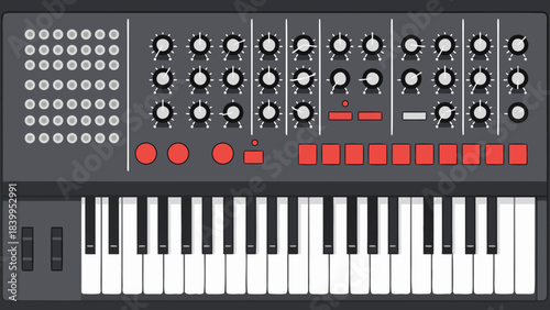 Vintage Analog Synthesizer Keyboard with Knobs Buttons and Pitch Bend Control in a Retro Gray and Black Design Offering a Nostalgic Electronic Music Production Aesthetic