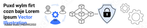 Blockchain, cybersecurity, data encryption, authentication, secure connections, tech processes. Network diagrams with gear, shield and connectivity visuals. Blockchain and cybersecurity