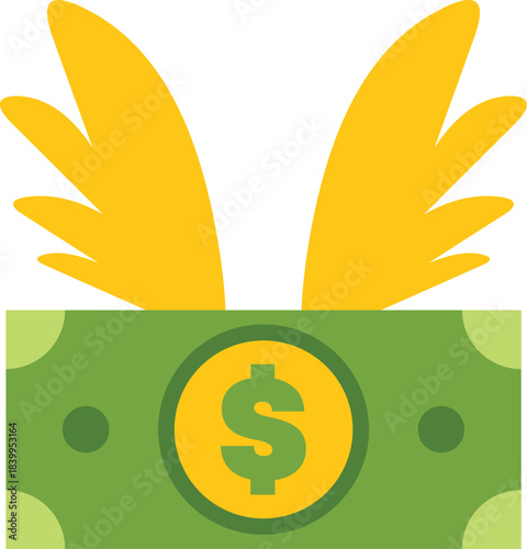 Green banknote with dollar sign flying away, representing fast money transfer, financial freedom and successful investment