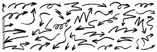 Expressive arrow scribbles featuring dynamic arrow shapes, subtle highlight glows, textured marker shading, fluid brush lines and pen details, combining highlight contrast with marker.